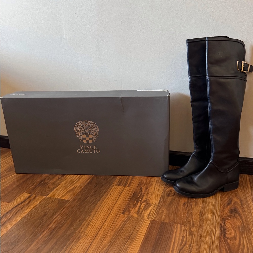 Vince Camuto Black Over the Knee Boots with Buckle Detail